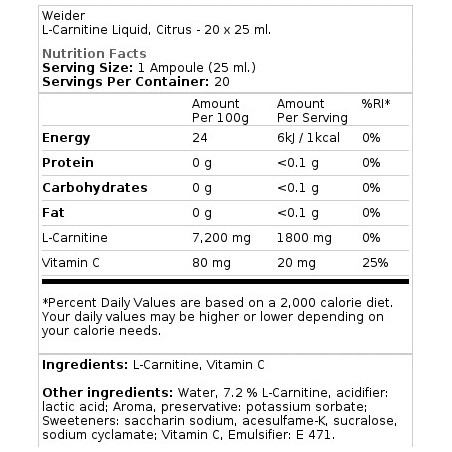 L-Carnitine Liquid, Citrus - 20 x 25 ml.